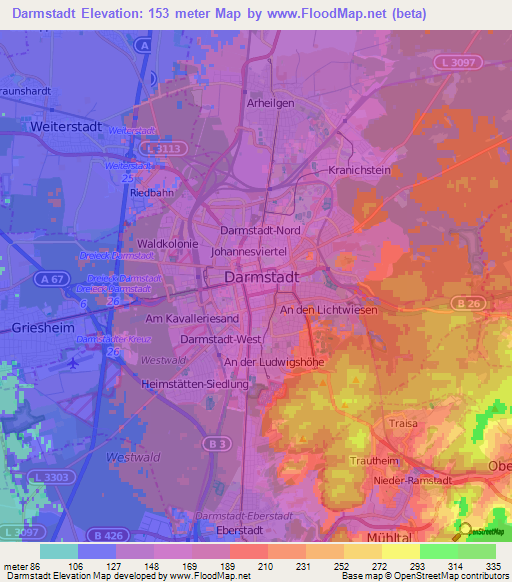 Darmstadt,Germany Elevation Map