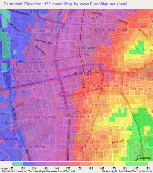 Darmstadt,Germany Elevation Map