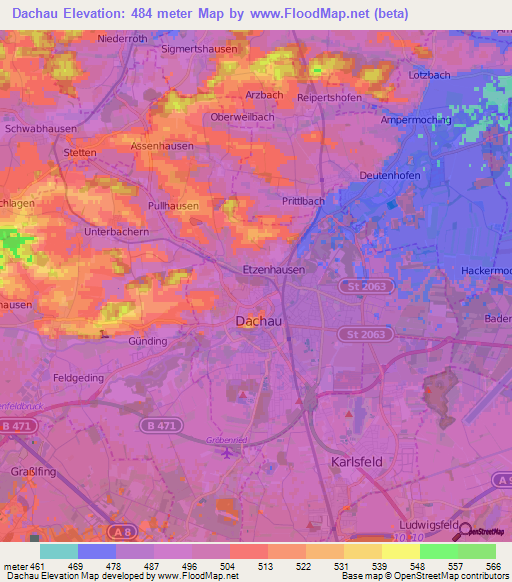 Dachau,Germany Elevation Map