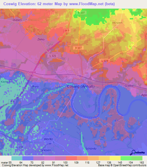 Coswig,Germany Elevation Map