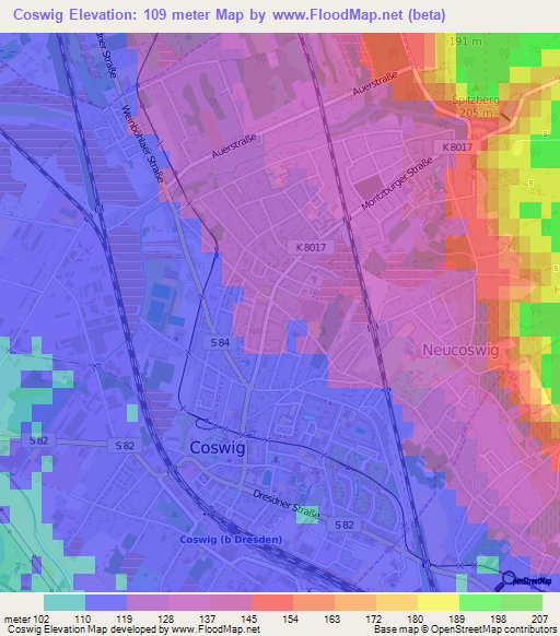 Coswig,Germany Elevation Map
