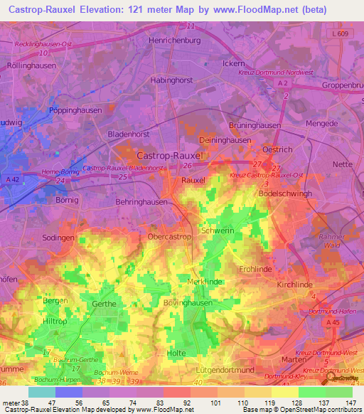 Castrop-Rauxel,Germany Elevation Map