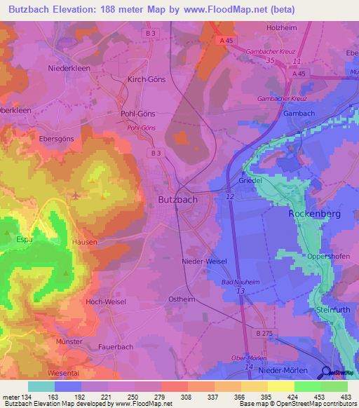 Butzbach,Germany Elevation Map