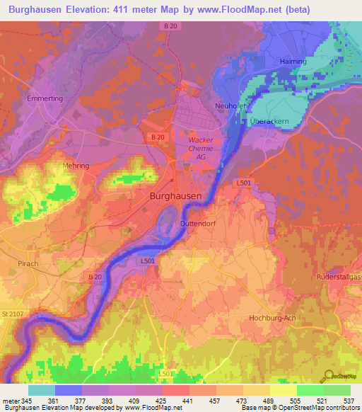 Burghausen,Germany Elevation Map