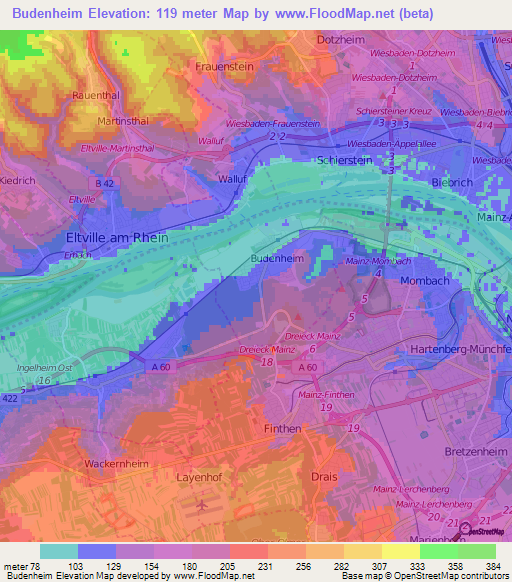 Budenheim,Germany Elevation Map