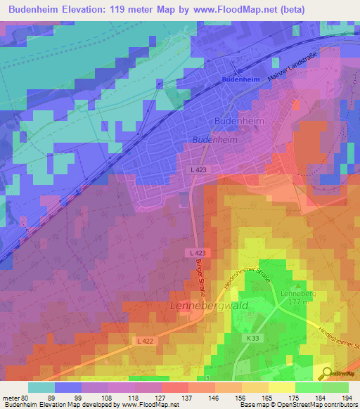 Budenheim,Germany Elevation Map