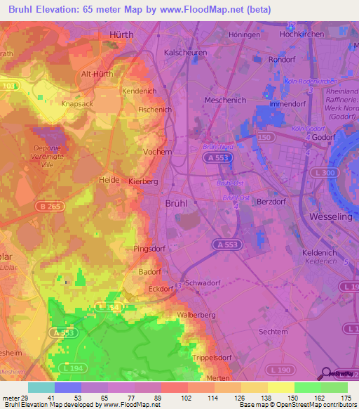 Bruhl,Germany Elevation Map