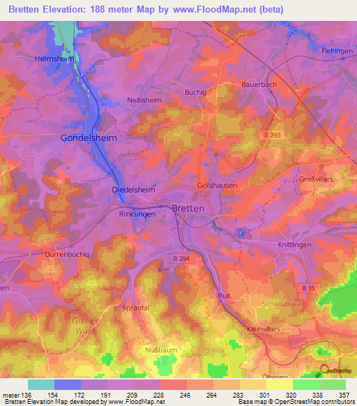 Bretten,Germany Elevation Map