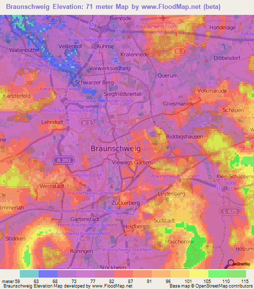 Braunschweig,Germany Elevation Map