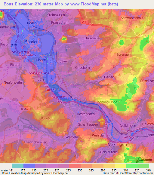 Bous,Germany Elevation Map