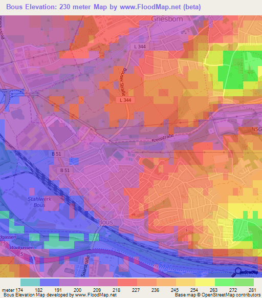 Bous,Germany Elevation Map