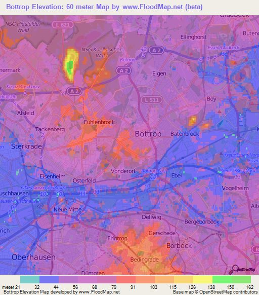 Bottrop,Germany Elevation Map