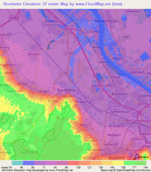 Bornheim,Germany Elevation Map