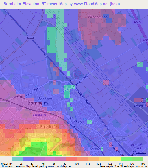 Bornheim,Germany Elevation Map