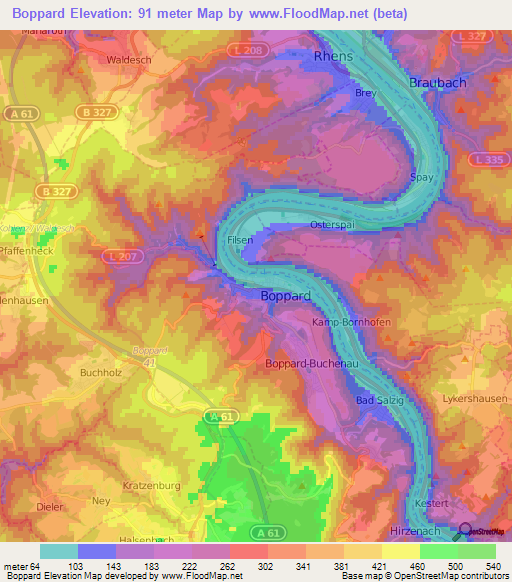 Boppard,Germany Elevation Map