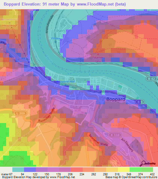 Boppard,Germany Elevation Map