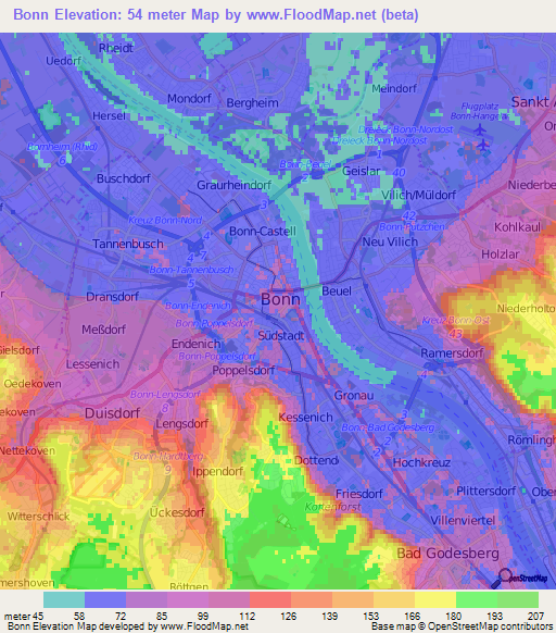 Bonn,Germany Elevation Map