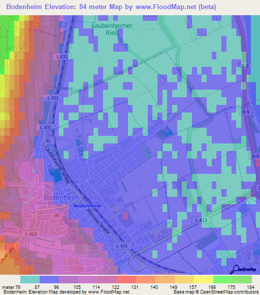 Bodenheim,Germany Elevation Map