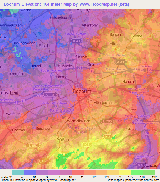 Bochum,Germany Elevation Map