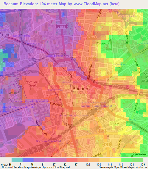 Bochum,Germany Elevation Map