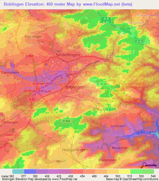 Boblingen,Germany Elevation Map