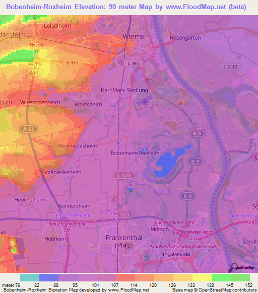 Bobenheim-Roxheim,Germany Elevation Map