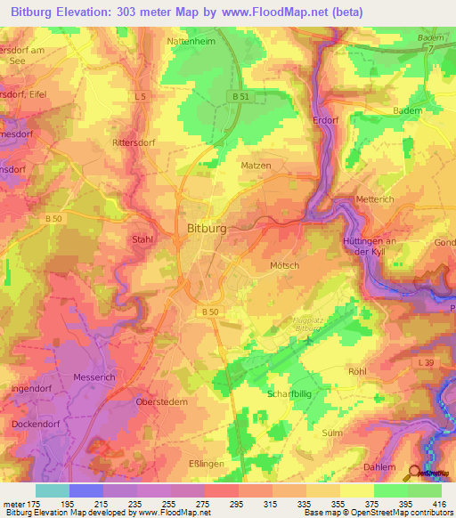 Bitburg,Germany Elevation Map