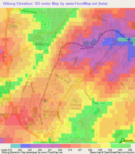 Bitburg,Germany Elevation Map