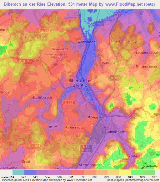 Biberach an der Riss,Germany Elevation Map