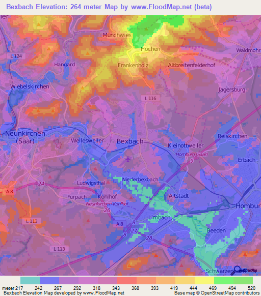 Bexbach,Germany Elevation Map