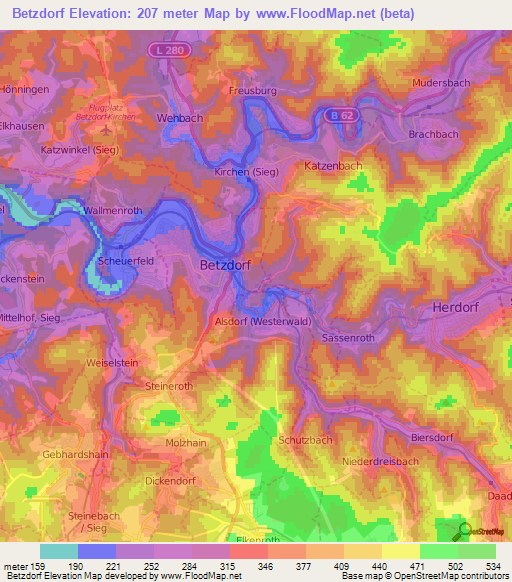 Betzdorf,Germany Elevation Map