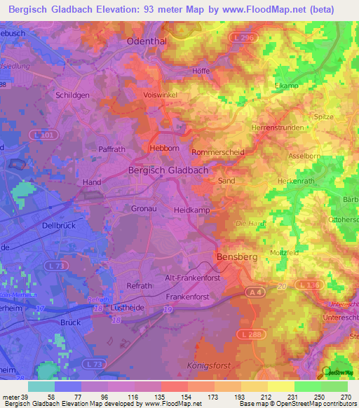 Bergisch Gladbach,Germany Elevation Map