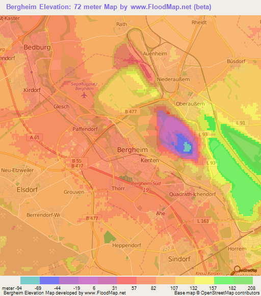 Bergheim,Germany Elevation Map