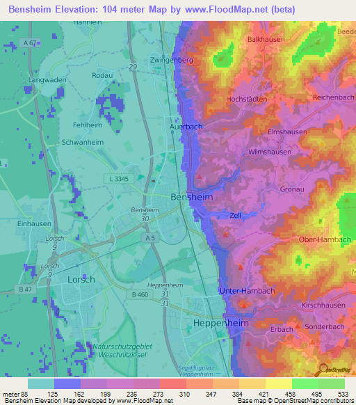 Bensheim,Germany Elevation Map
