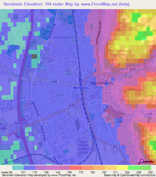 Bensheim,Germany Elevation Map