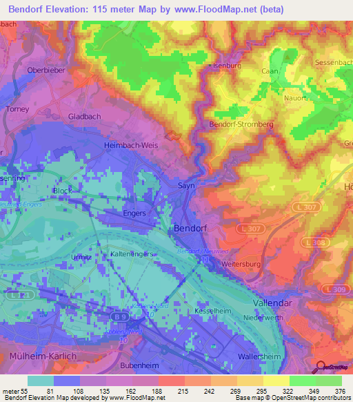 Bendorf,Germany Elevation Map