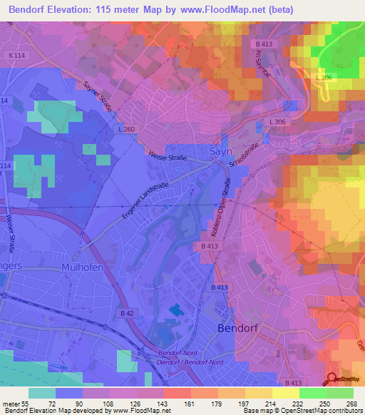 Bendorf,Germany Elevation Map