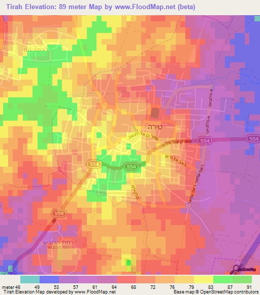 Tirah,Israel Elevation Map