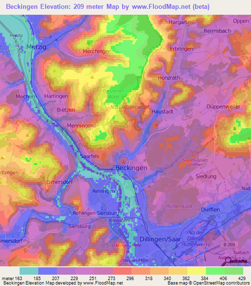 Beckingen,Germany Elevation Map