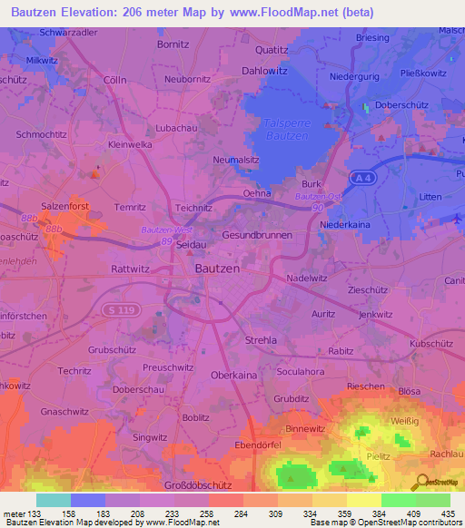 Bautzen,Germany Elevation Map