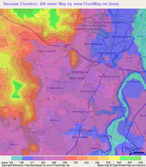 Baunatal,Germany Elevation Map