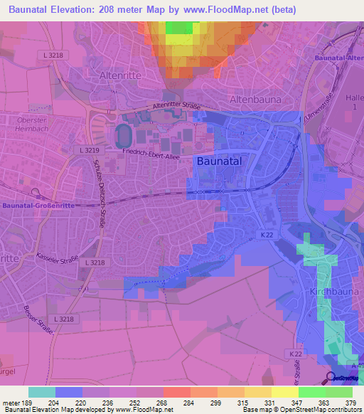 Baunatal,Germany Elevation Map