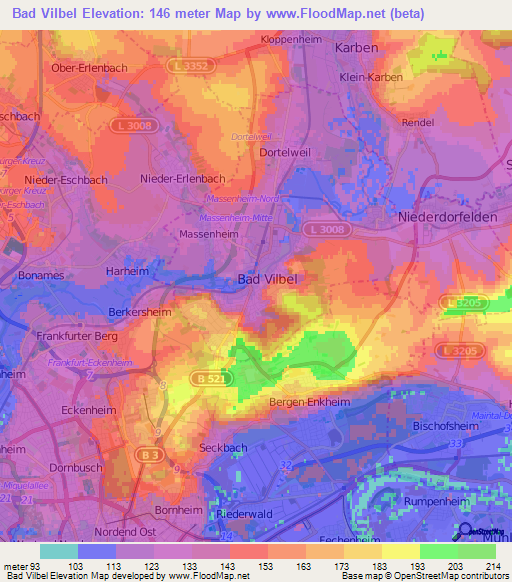 Bad Vilbel,Germany Elevation Map