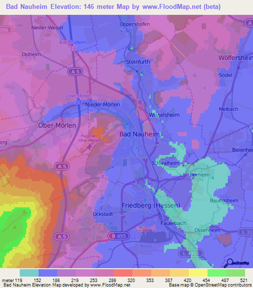 Bad Nauheim,Germany Elevation Map