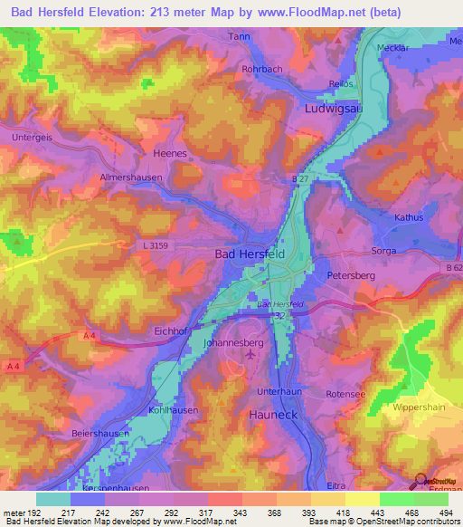 Bad Hersfeld,Germany Elevation Map