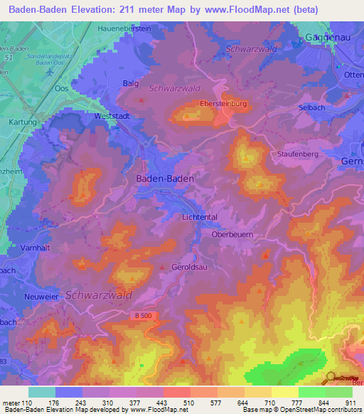 Baden-Baden,Germany Elevation Map