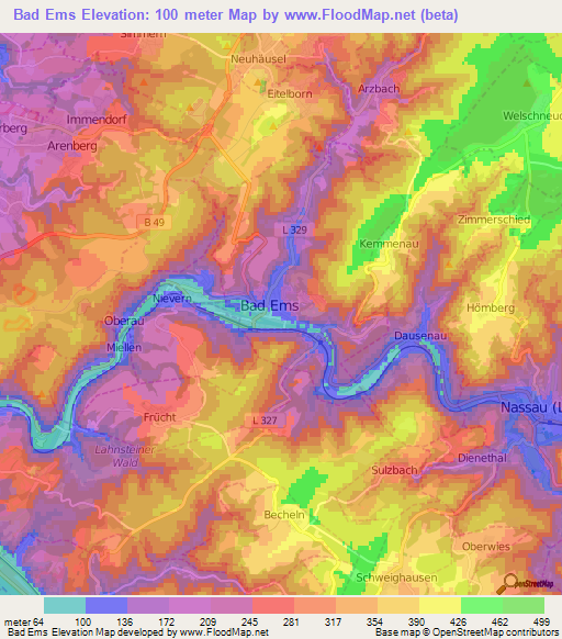 Bad Ems,Germany Elevation Map