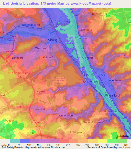 Bad Breisig,Germany Elevation Map