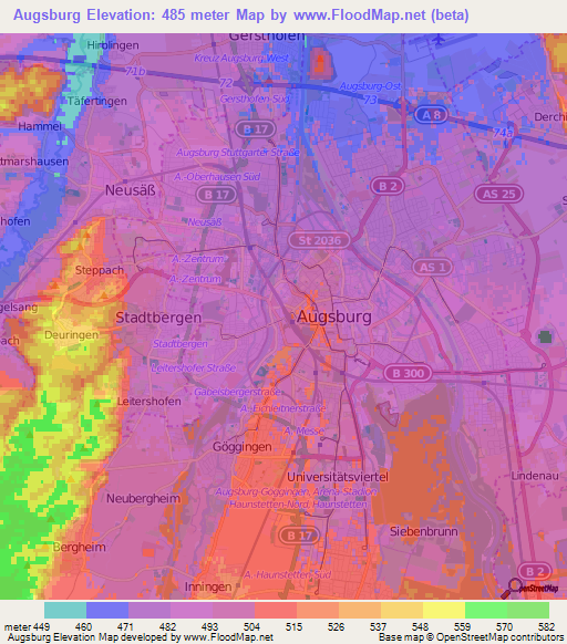 Augsburg,Germany Elevation Map