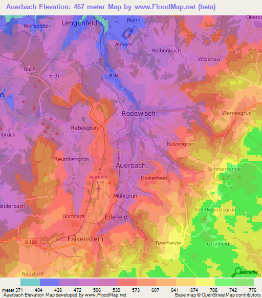 Auerbach,Germany Elevation Map